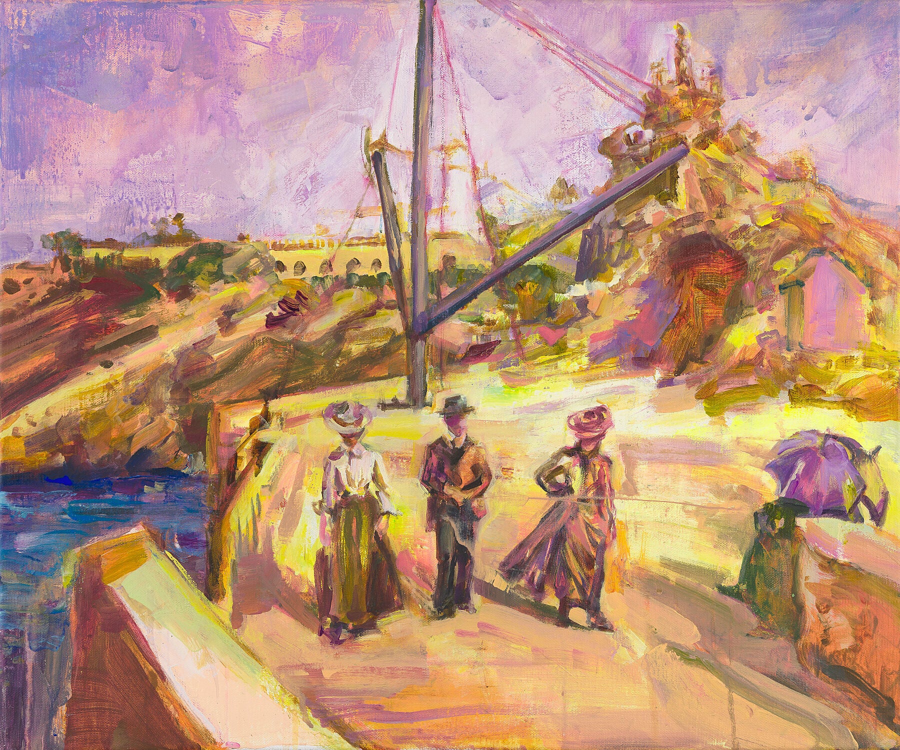 Brise Marine by Anaïs Zhang – Painting of people on a dock with a statue of the Virgin Mary in the background.