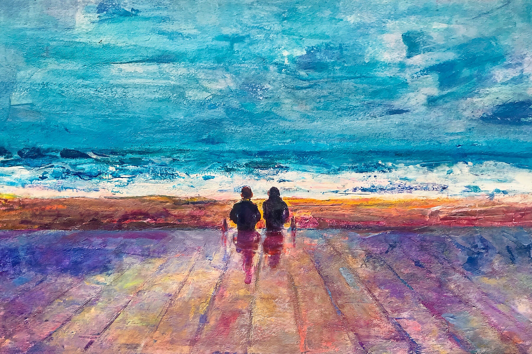 Painting of Biarritz by Anaïs Zhang – Two people standing on a wooden boardwalk looking out at a colorful ocean scene.