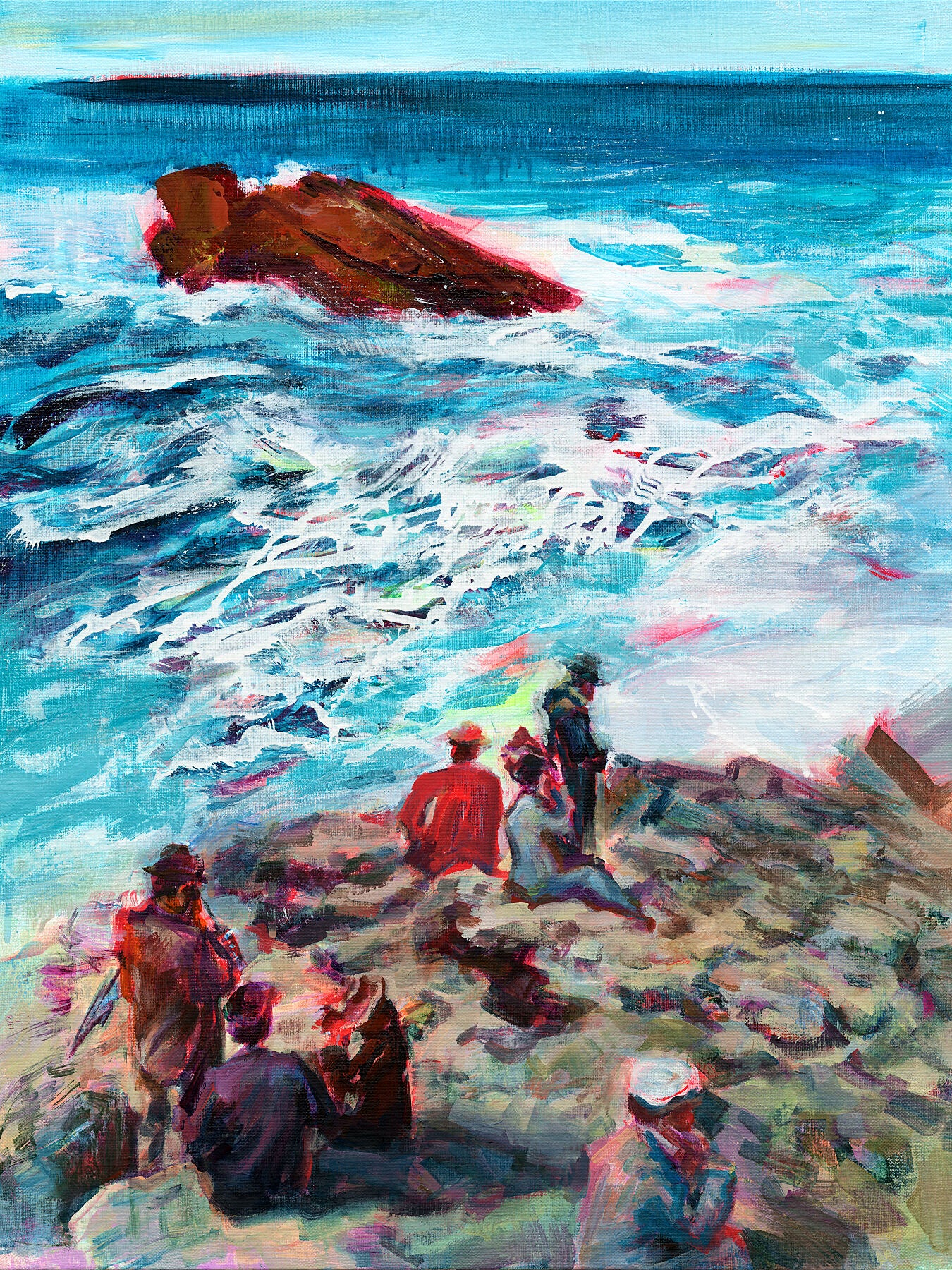 Sur les rochers by Anaïs Zhang – Painting of people on rocks in Biarritz
