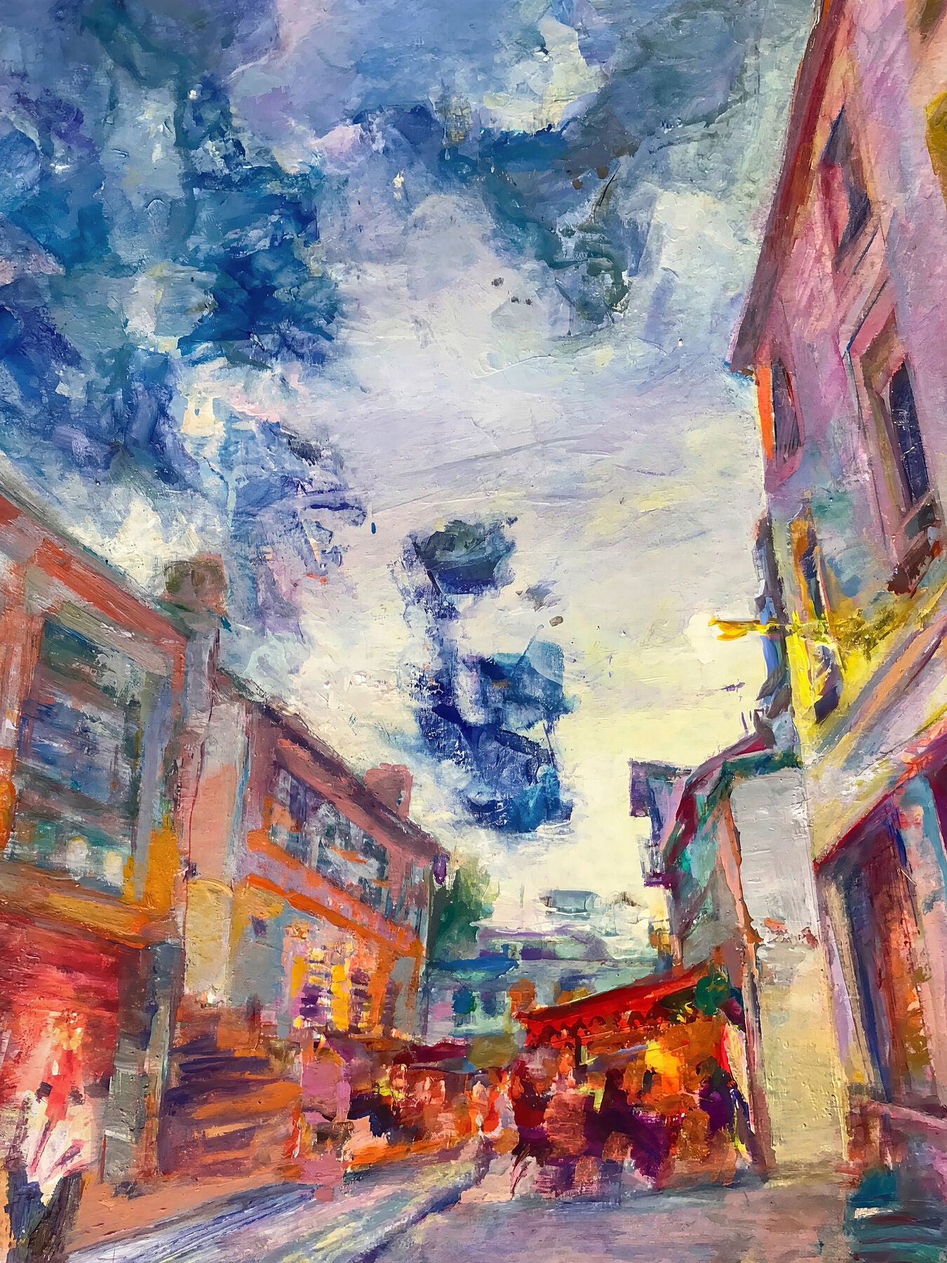 Bar Jean ou l'âme du vin by Anaïs Zhang – Colorful street scene painting with nigthlife and sky
