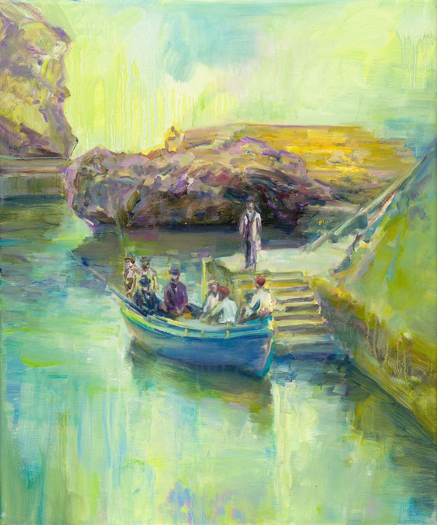 Painting of a group of people on a boat near the fishing port in Biarritz