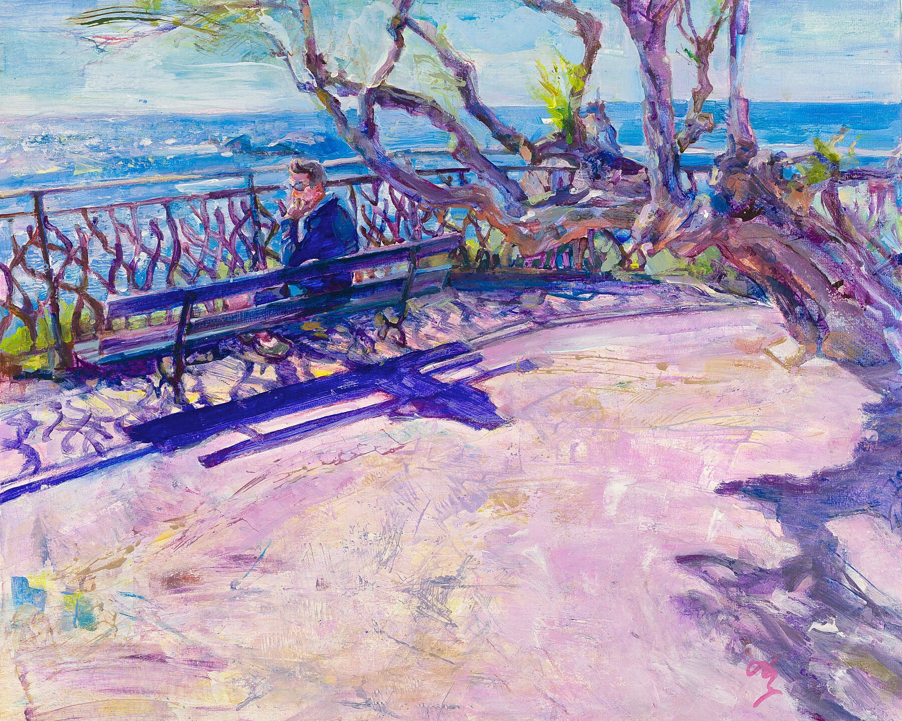 Painting of a person sitting on a bench by a coastal area with ocean and trees in the background.
