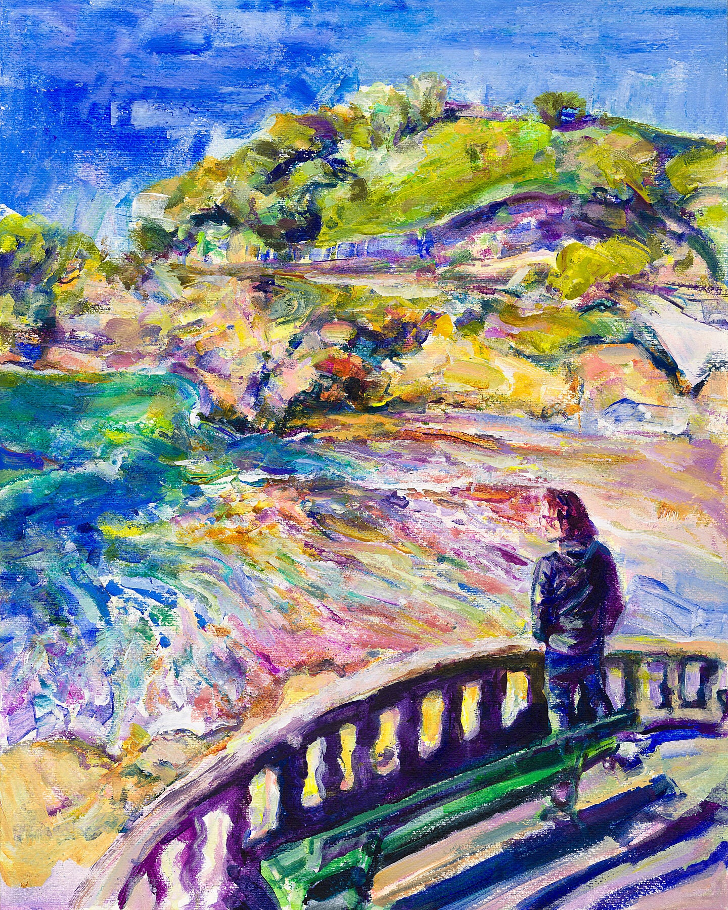Biarritz painting by Anaïs Zhang of a person standing on a bridge overlooking a scenic landscape with a blue sky.