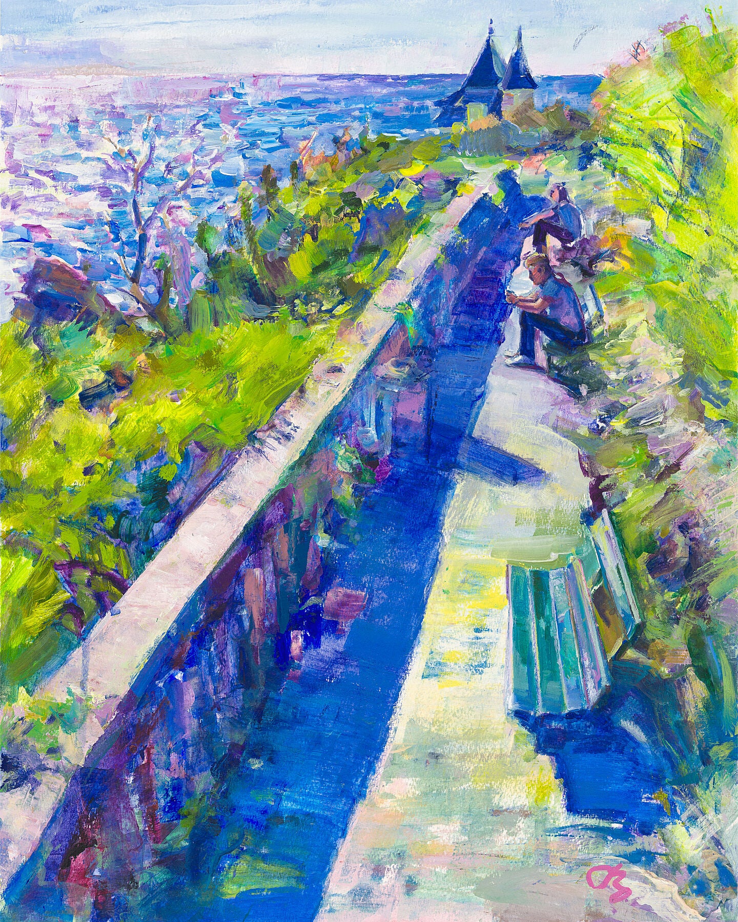 Biarritz painting by Anaïs Zhang – Colorful painting of a park with a path, benches, and people