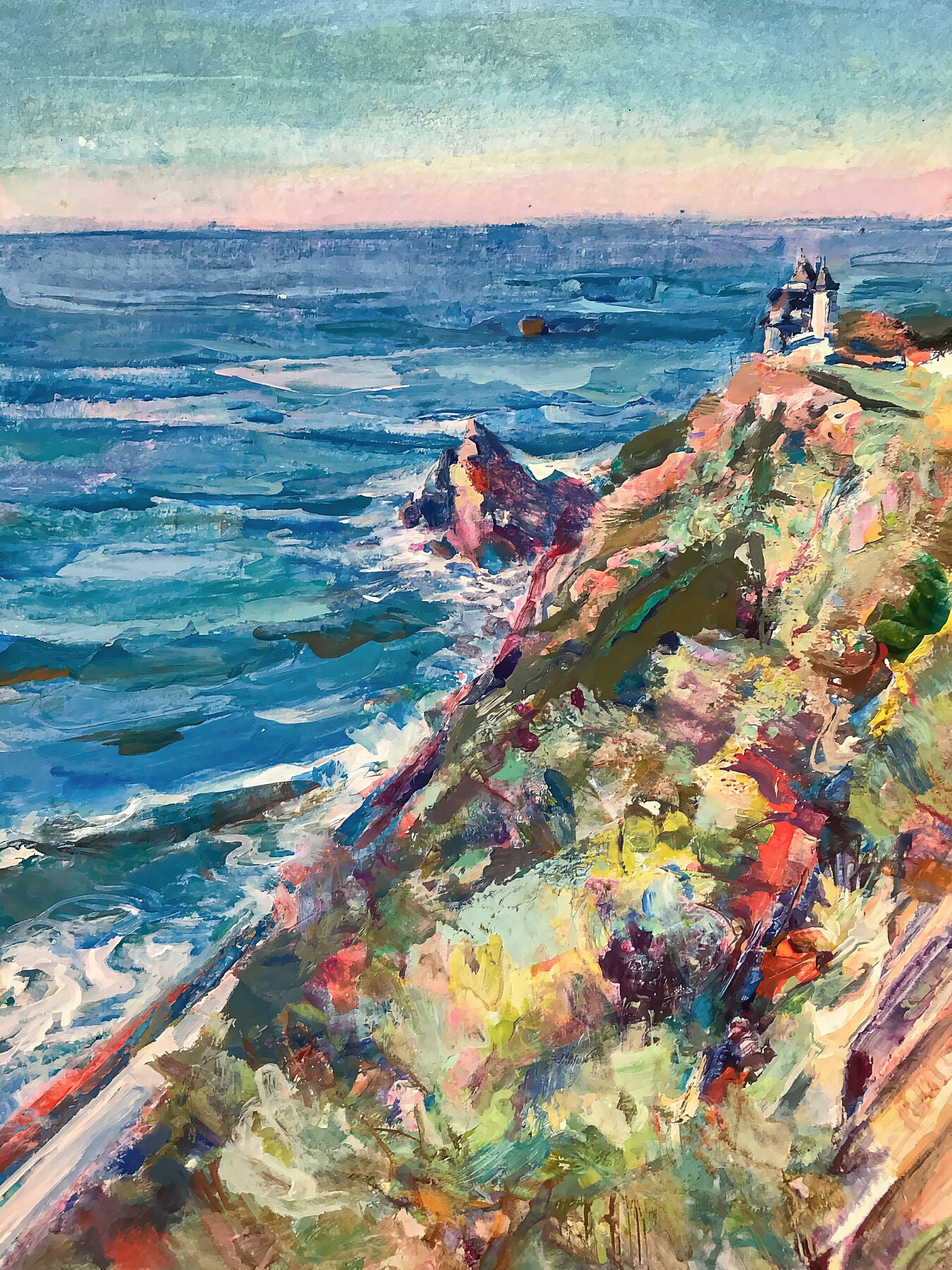 The Haunted House by Anaïs Zhang – Colorful painting of a coastal scene with a haunted house.