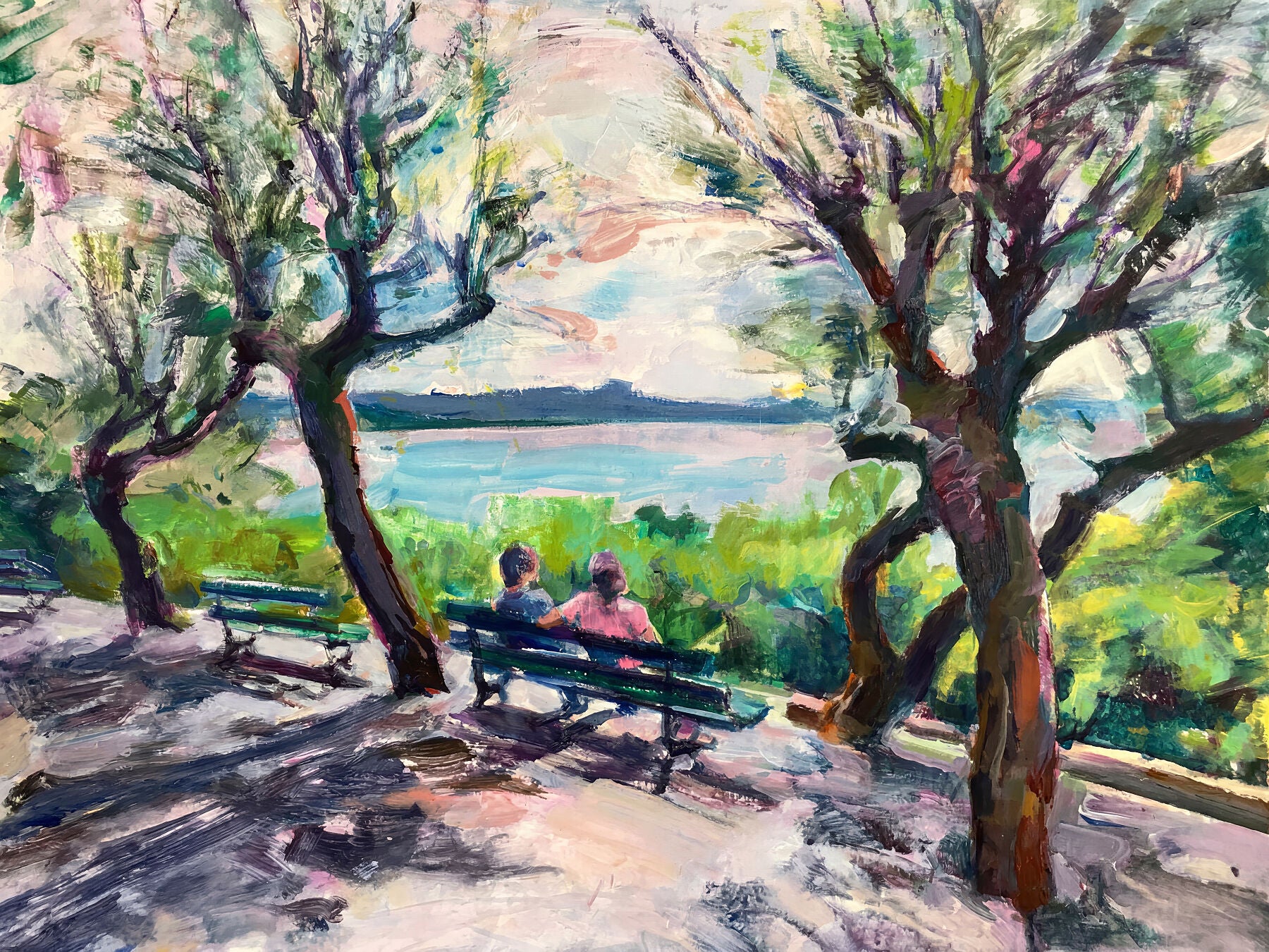 The Lovers Bench by Anaïs Zhang – Painting of two people sitting on a bench in a park with trees and water in the background