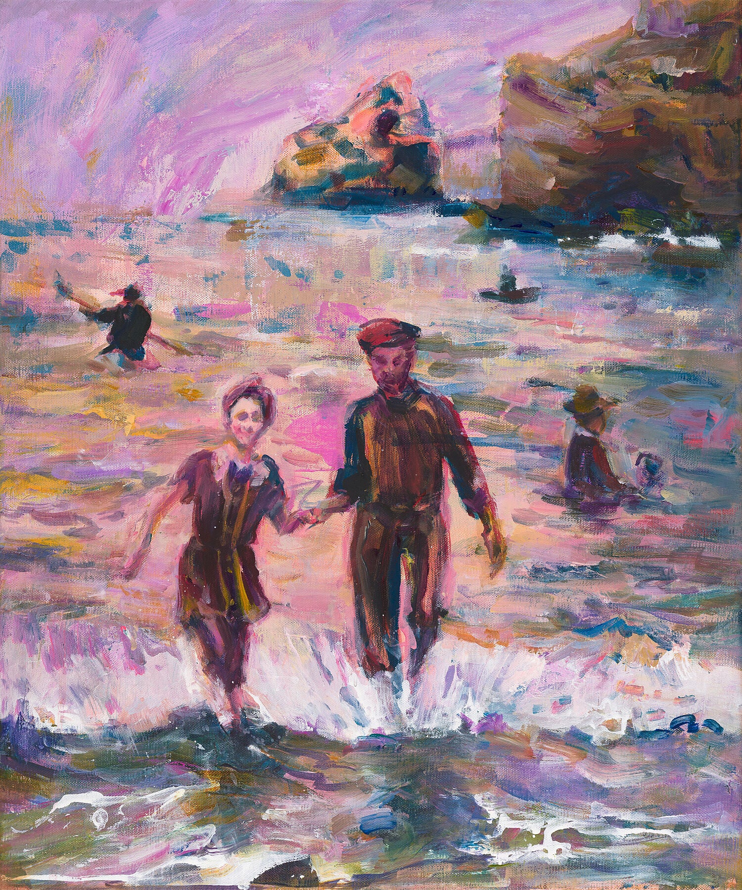 Les maîtres-nageurs by Anaïs Zhang – Painting of people learning swimming in the late 19th century in Biarritz