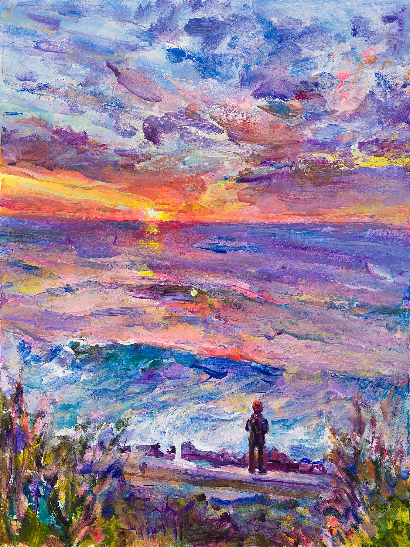 Painting by Anaïs Zhang about Biarritz – Painting of a person standing on a dock at sunset with colorful skies and water.