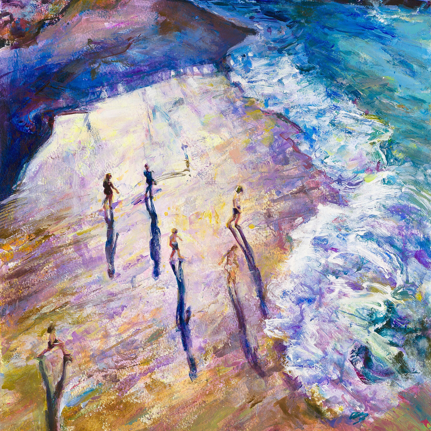 Colorful abstract painting of people by a body of water