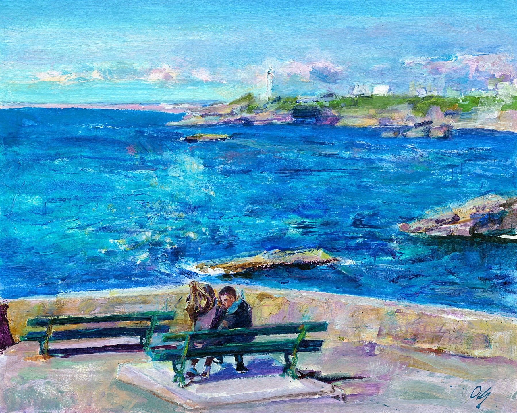 Painting of a couple sitting on a bench by the sea with a lighthouse in the background.