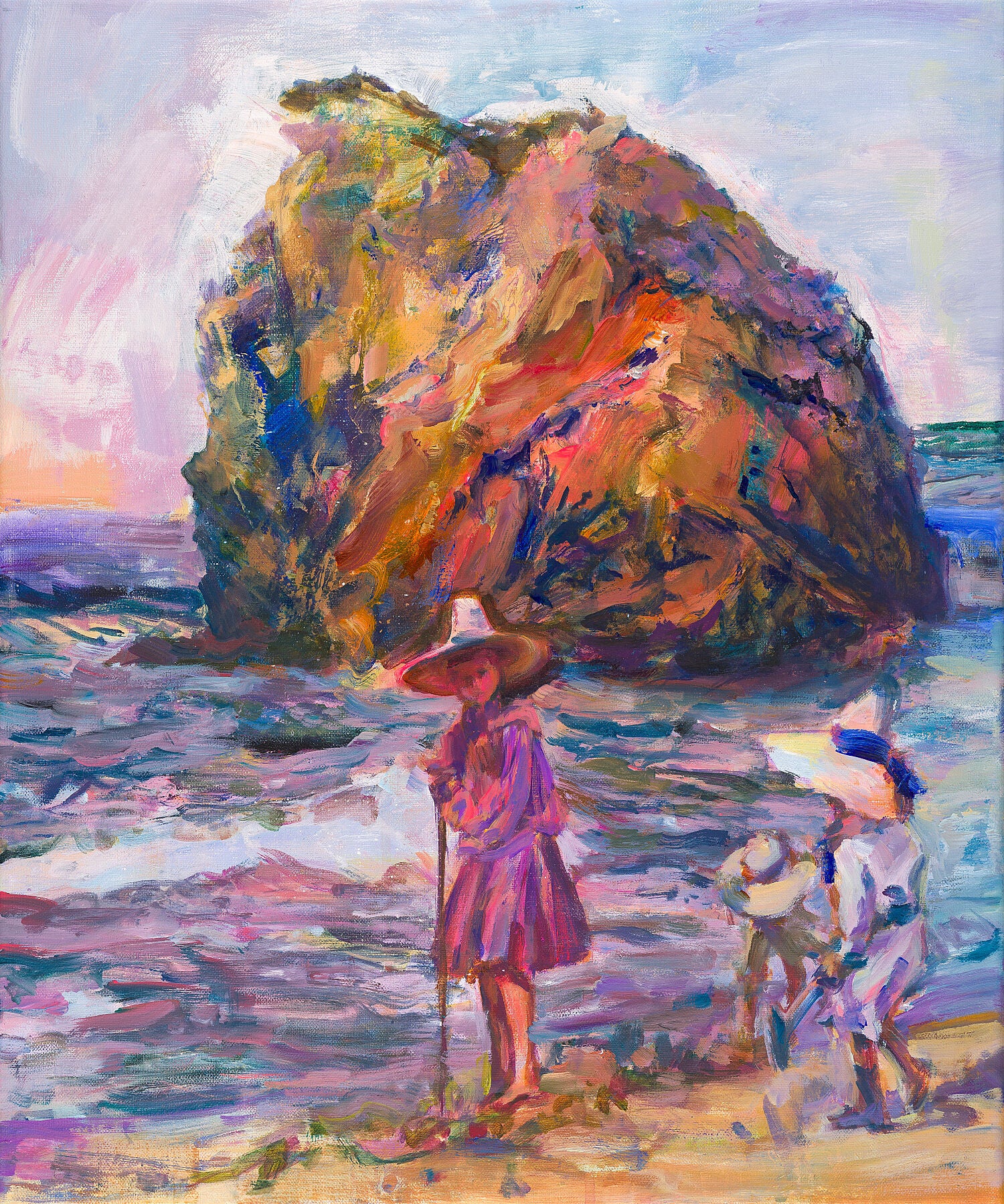 Summertime by Anaïs Zhang – Painting of people on a beach in Biarritz with a large rock in the background